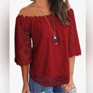 MIHOLL Women's Lace Off Shoulder Tops Casual Loose Blouse Shirts Red Size Medium